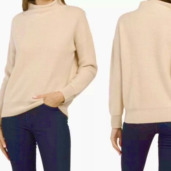 TAHARI Cashmere Oversize Fit Sweater Mock Neck Banded Cuff/Hem Beige Wm Sz L NEW - Picture 2 of 10